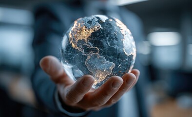 A hand holds a glowing, transparent Earth