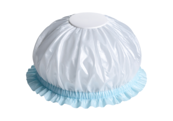 Light blue shower cap with ruffled edge isolated on transparent background