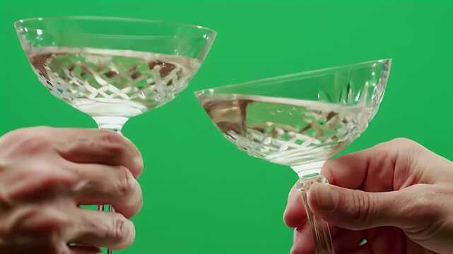 Elegant crystal champagne coupes clinking in a celebratory toast against a green screen background. Hands holding sparkling wine glasses.