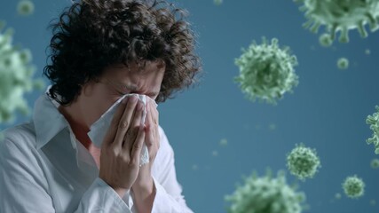 A sick woman with curly hair sneezes into a tissue while surrounded by floating virus particles, illustrating the concept of respiratory illness, infection, and public health - Powered by Adobe