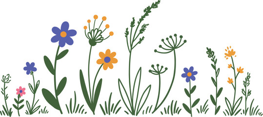 A collection of colorful wildflowers and grasses on transparent background