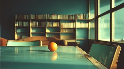 Orange on a teal table in a sunlit room with bookshelves
