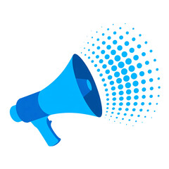 Dynamic blue megaphone icon broadcasting announcement with modern dot graphic design
