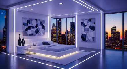 Modern bedroom with city skyline view and futuristic LED lighting.