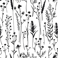 A seamless pattern featuring various silhouettes of wildflowers and grasses on a white background, rendered in a minimalist black and white style © MARDJAN