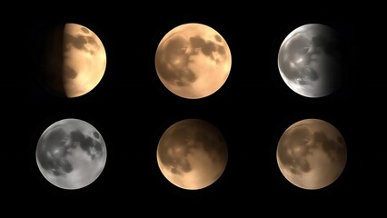 Obraz premium Five moon phases each depicting a unique scientific phenomenon artistically.