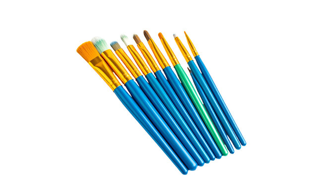 A set of blue handled artist paintbrushes isolated on a white background.