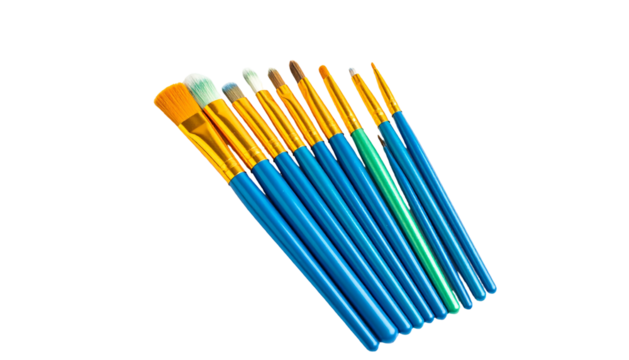 A set of blue handled artist paintbrushes isolated on a white background.