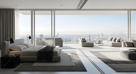 A luxurious modern bedroom with a panoramic view of a city skyline from floor-to-ceiling windows.