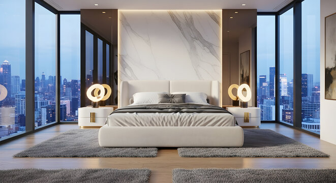 Luxurious modern bedroom with a stunning city view at dusk, featuring a king-size bed, marble accent wall, and contemporary lighting.
