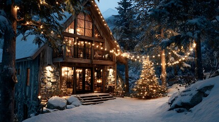 A cozy cabin glows with warm light amidst a snowy winter wonderland scene with christmas decorations