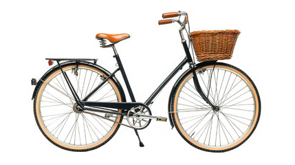 A vintage bicycle with a basket and brown seat isolated on a black background in a studio shot