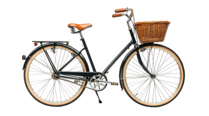 A vintage bicycle with a basket and brown seat isolated on a black background in a studio shot