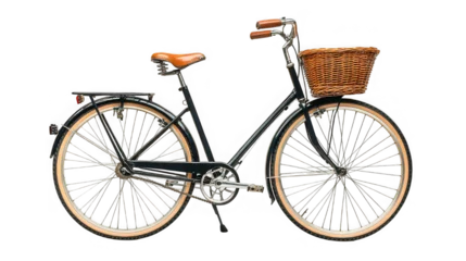 Ingelijste posters Fiets A vintage bicycle with a basket and brown seat isolated on a black background in a studio shot  © David