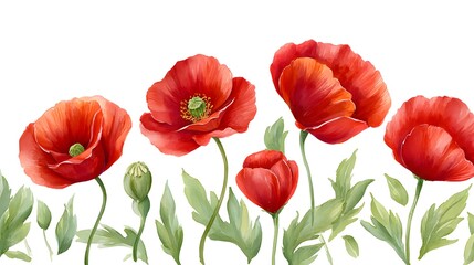Obraz premium Digital illustration of blooming red poppies with green stems on white — vibrant botanical artwork for floral design, decor and nature themes
