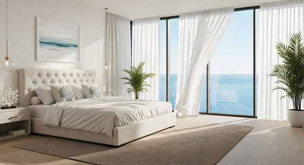Luxurious bedroom with a large bed and stunning ocean view through floor-to-ceiling windows.