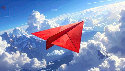 Red Paper Airplane Soaring Through Cloudy Blue Sky Over Snowy Mountains Digital Art