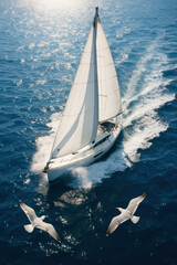 A sleek white sailboat glides across sparkling blue ocean waters. Two seagulls soar overhead, highlighting the freedom and adventure of sailing at sea.