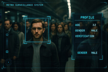 A metro surveillance system uses face recognition to identify individuals in a crowded subway. Digital data overlays highlight security, biometrics, and urban monitoring.