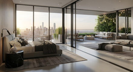 Luxurious modern bedroom with a stunning city skyline view and an expansive outdoor living space.