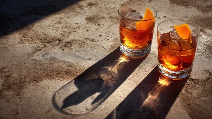 Two Classic Cocktails with Orange Garnish in Sunlight.