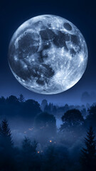 Stunning full moon rises above a serene, misty forest at twilight, casting an enchanting glow across the nocturnal landscape with atmospheric beauty