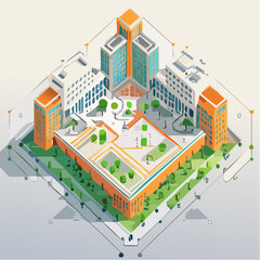 Isometric Cityscape with Orange and White Buildings Green Landscaping and Geometric Lines