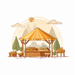 Pixel Art Farmers Market Stall With Orange Canopy And Produce Under Sunny Sky