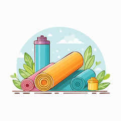 Rolled Yoga Mats and Essential Oil Bottles on a Sky Blue Background