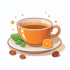 Pixel Art Orange Coffee Cup with Citrus and Mint on Saucer