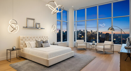 Luxurious modern bedroom with a stunning city view at dusk, featuring a king-size bed, elegant lighting, and comfortable seating.