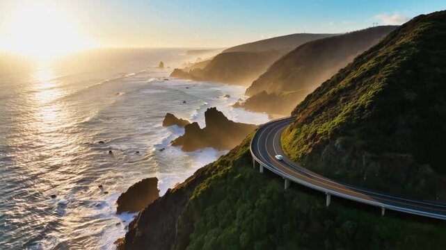 Scenic coastal highway winding along a dramatic cliffside at sunset