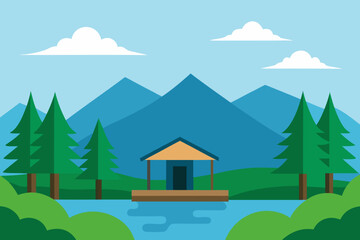 Forest Shelter by Gentle Lake Vector Illustration