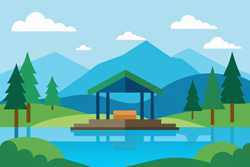 Forest Shelter by Gentle Lake Vector Illustration