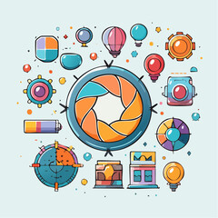 Pixel Art Camera Shutter Surrounded By Photography Icons On Light Blue Background