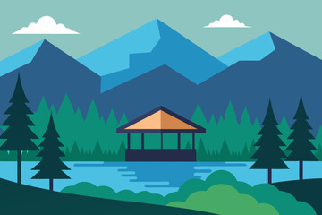Forest Shelter by Gentle Lake Vector Illustration