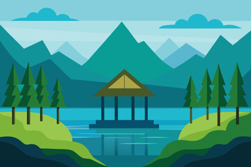 Forest Shelter by Gentle Lake Vector Illustration