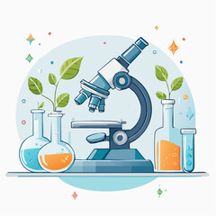 Blue Microscope With Plant Samples and Beakers in Laboratory Setting