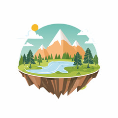 Floating Island Landscape with Mountains River and Pine Trees