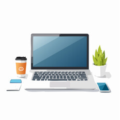 Silver Laptop With Blank Screen Coffee Plant and Phone on White Table
