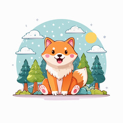 Cute Shiba Inu Dog Sitting In Snowy Winter Wonderland