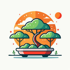 Pixel Art Bonsai Tree In Red Pot With Orange Sunset Background