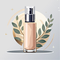 Beige Foundation Bottle With Green Leaf Illustration on Grey Background