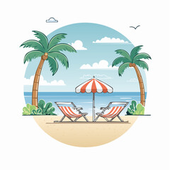 Pixel Art Tropical Beach Scene With Two Lounge Chairs And Parasol
