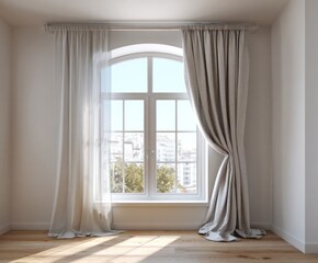 A light-filled room with sheer curtains and an arched window, showcasing a serene and bright interior design.