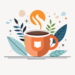 Steaming Orange Coffee Mug with Floral Design and Abstract Elements
