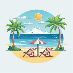 Pixel Art Tropical Beach Scene With Two Lounge Chairs And Umbrella
