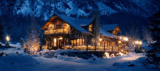 Obraz premium Cozy mountain cabin decorated with christmas lights in a snowy forest at night under a dark blue sky