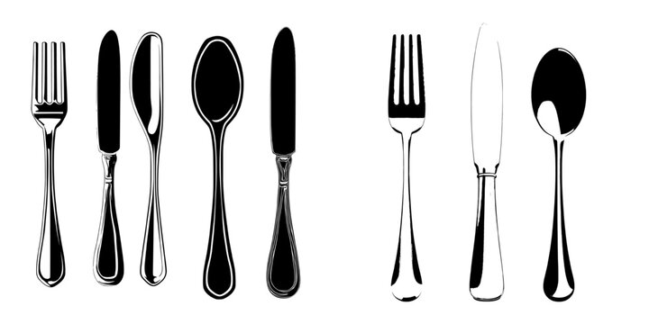 A set of 3D cutlery, including a fork, knife, and spoon, is depicted in golden and silver hues, showcasing luxury metal tableware and silverware with a gold utensil in a top view, isolated on a white