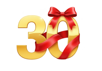Golden number thirty with red bow celebration element for anniversary or birthday design transparent background